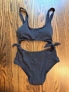 aerie Black Textured Cutout One-Piece Swim